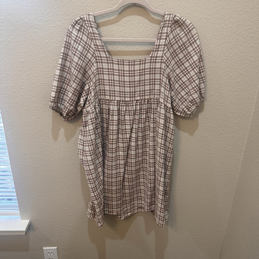 Rylee + Cru Womens Dress Sm Babydoll Plaid Neutral Brown Puff Sleeve Cottage
